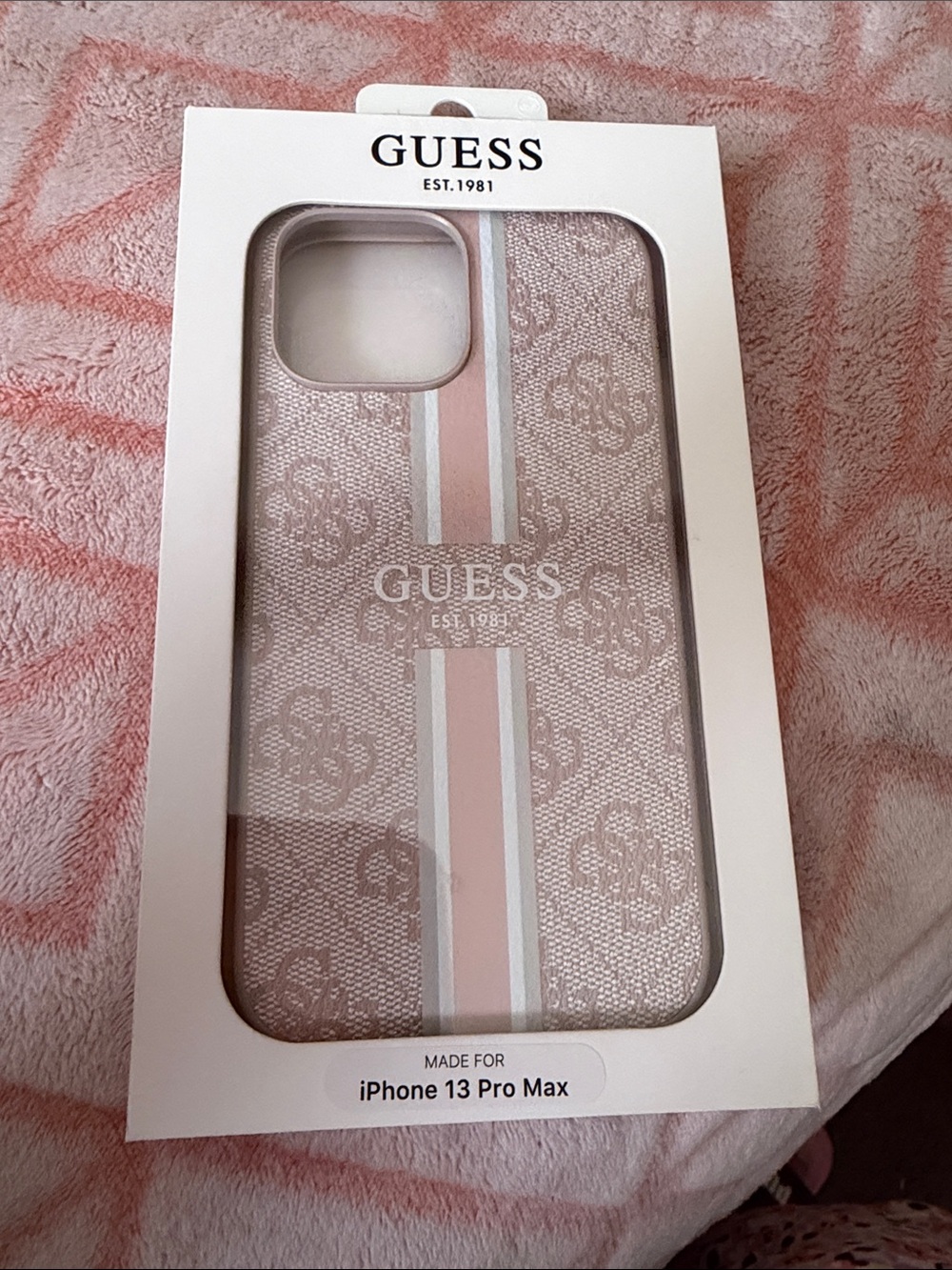 GUESS Pink and White Signature Stripe iPhone 13 Pro Max Case